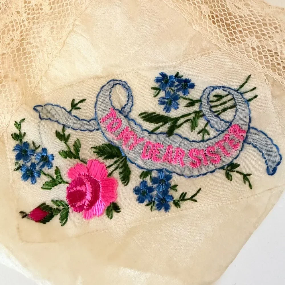 Vintage Embroidered Sister Handkerchiefs Pair Floral Lace To My Dear Sister